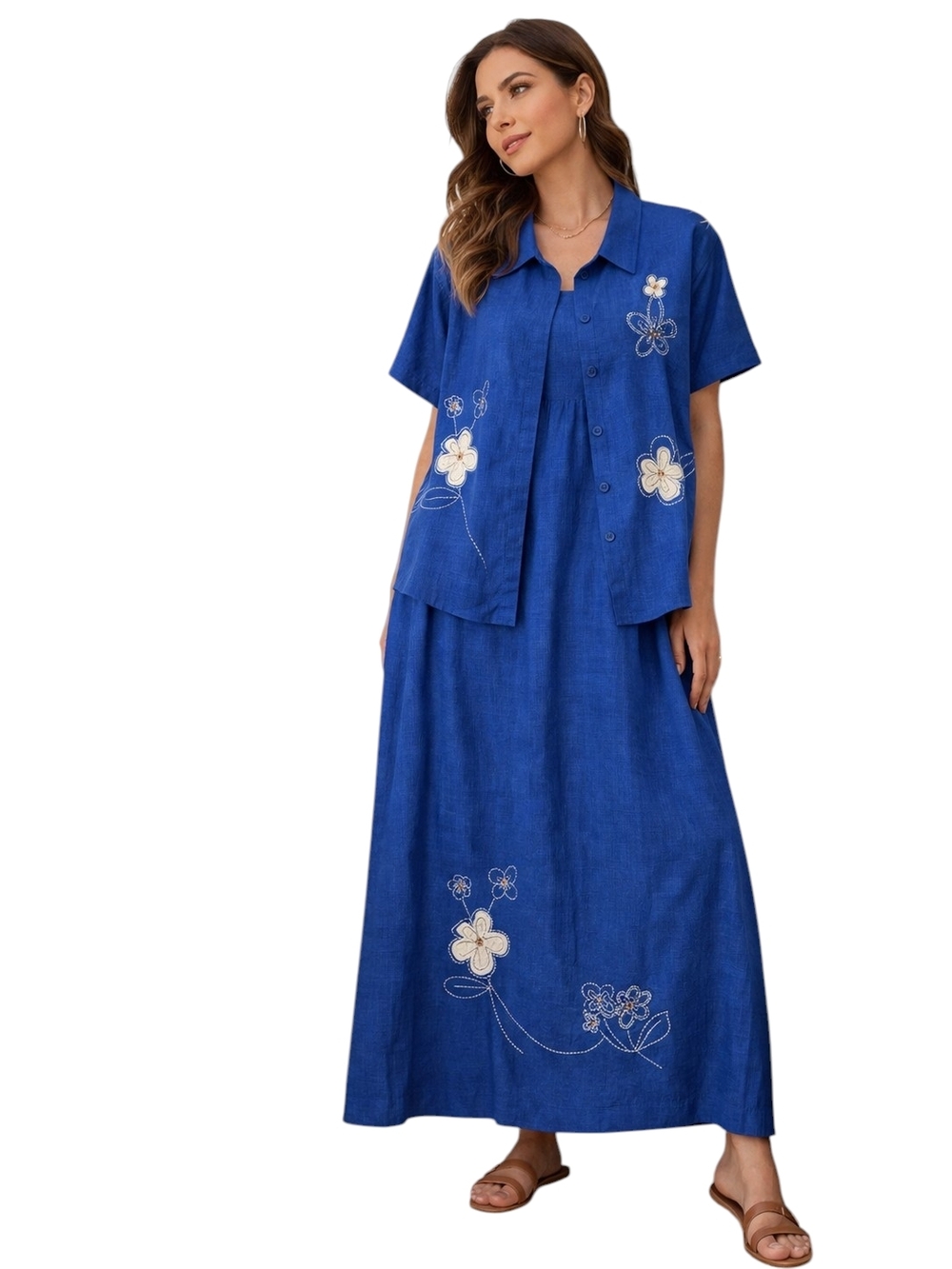 ISC Blue Linen Rayon 2 Pc Dress Set Embroidered Floral Maxi Dress Boho Sz 1x